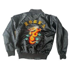 Kids Vintage 1980s Korea Black Satin Bomber Jacket Dragon Embroidered "Ralph Jr"